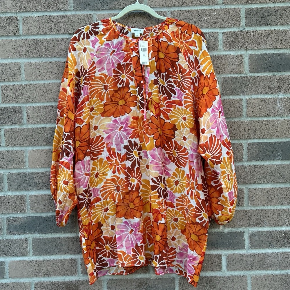 NEW Anthropologie Maeve Kaftan Mini Dress Womens M/L Orange Floral Tie-Neck Boho - Picture 4 of 9